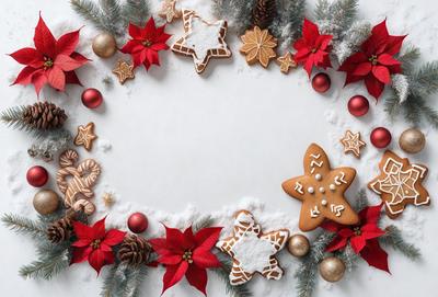 The primary subject of the image is a white circle with a star-shaped cookie in the center. The cookie is surrounded by other cookies, creating a festive and decorative arrangement. The setting is a white surface, which serves as a backdrop for the cookies. The visual style is a combination of photo and digital art, as the cookies are arranged in a visually appealing manner. The colors and mood of the image are predominantly white and festive, with the star-shaped cookie adding a touch of whims